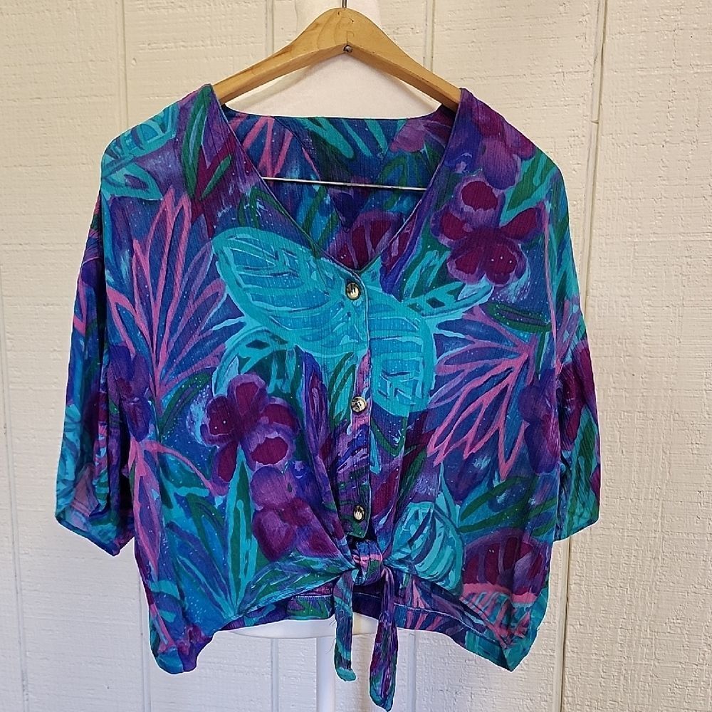 Women's Cropped Purple Blue Floral Tie-Front Top Casual Islandwear Short Sleeve